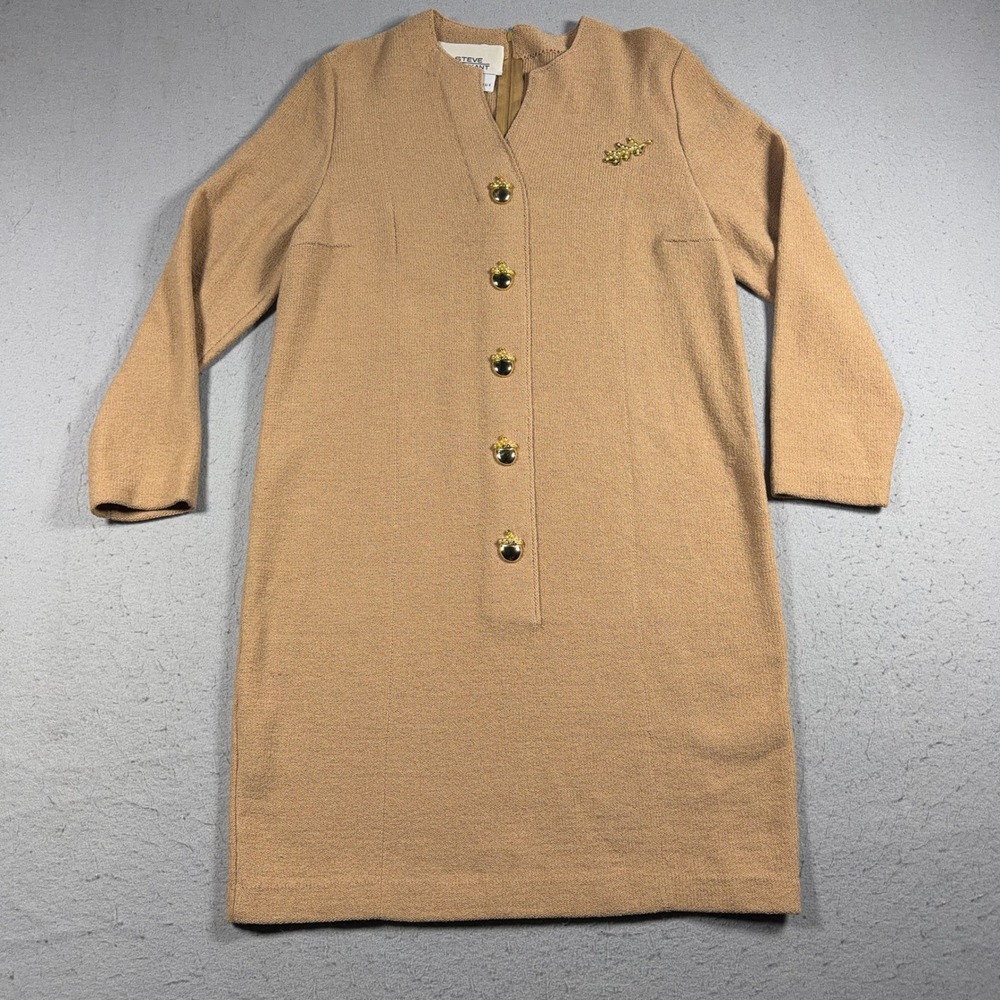 Vintage Steve Fabrikant Dress  Midi Beige Knit Gold Acorn Button Saks 5th Avenue